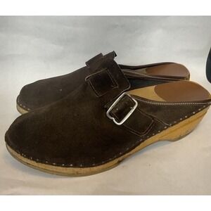 VTG Bastad Brown Buckle Swedish Wooden Clogs Sandals Men 46/US12.5 Sweden Wooden